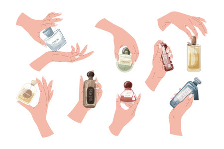 Elegant female hands with manicure holding a bottle of perfume. Set of vector isolated cartoon illustrations, aromatic perfumed water.のイラスト素材