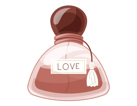 Glass elegant bottle of fragrant perfume. Vector cartoon red eau de parfum.のイラスト素材