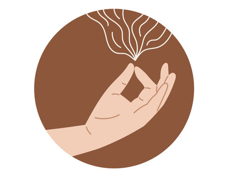 Round highlight cover template for social media. Mudra hand gesture, yoga practice and meditation. Vector isolated round sticker.のイラスト素材