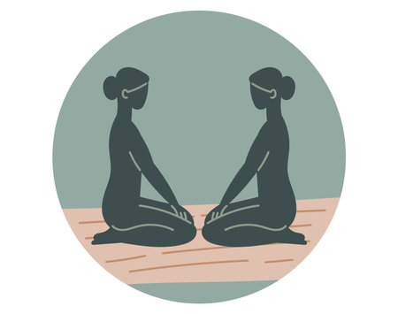 Round highlight cover template for social media. Silhouettes of women doing yoga. Vector isolated round sticker.のイラスト素材