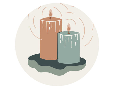 Cover template for social media highlights. Decorative candles with flame, flat style. Vector isolated round label or sticker.のイラスト素材
