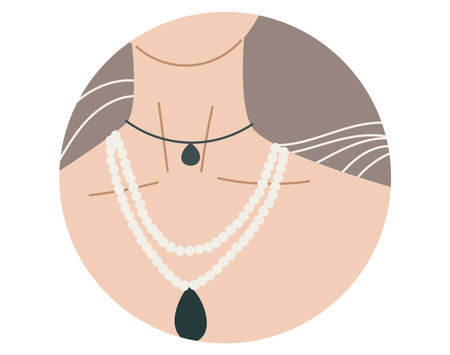 Cover template for social media highlights. Neck of a young beautiful woman with a necklace and chain, jewelry. Vector isolated round sticker or label.のイラスト素材
