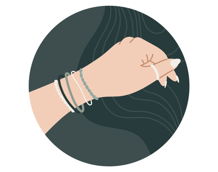 Cover template for social media highlights. Female hand with manicure and jewelry, trendy fashionable chains and bracelets. Vector isolated round sticker or label.のイラスト素材