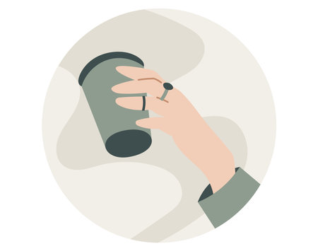 Cover template for social media highlights. Female hand holding a paper glass of coffee or tea. Vector isolated round sticker or label.のイラスト素材