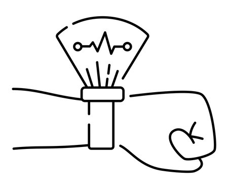 Vector line icon. Human hand with a smart watch, fitness bracelet with a cardiogram symbol.のイラスト素材