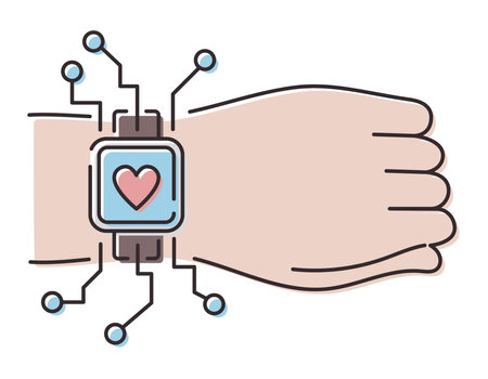 Vector isolated line icon. Human hand with a smart watch, fitness bracelet with a heart symbol.のイラスト素材
