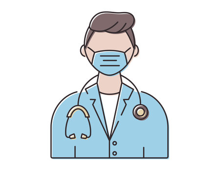 Vector isolated line medical icon. Male doctor or nurse with a stethoscope, wearing a face mask.のイラスト素材