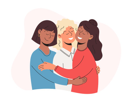 Three women friends hugging. A community of diverse feminist girls. Vector flat illustration.のイラスト素材