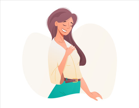 Vector cartoon beautiful woman. Smiling embarrassed grateful girl holding her hand to her heart.のイラスト素材