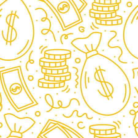 Doodle line money symbols. A bag of money, a paper bill and a stack of coins. Vector seamless pattern.のイラスト素材