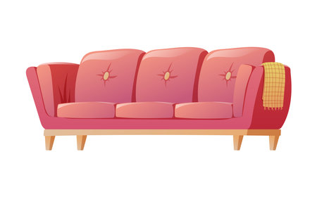 Soft comfortable home red sofa with a blanket. Living room interior decoration. Vector cartoon illustration.のイラスト素材