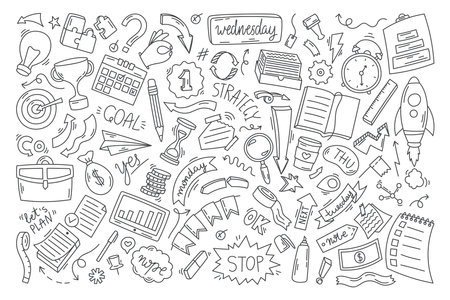 line black and white doodle elements. Set of vector icons, planning, study and organization concept.のイラスト素材