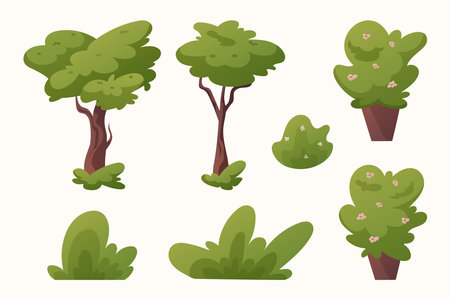 Collection of cartoon vector trees and bushes. Summer green plants.のイラスト素材