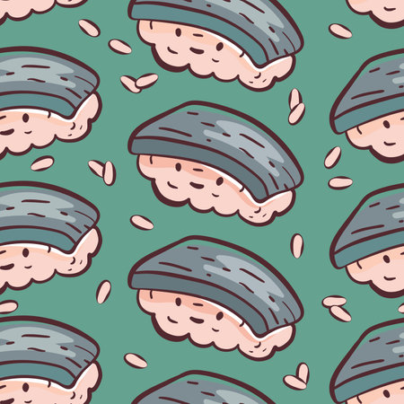 Delicious Japanese food sushi. Cute doodle snack. Vector seamless pattern.のイラスト素材