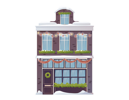 Exterior and architecture of a modern multi-storey building. Residential cartoon house in a classic style, decorated with Christmas garlands and wreaths. Vector isolated illustration.のイラスト素材
