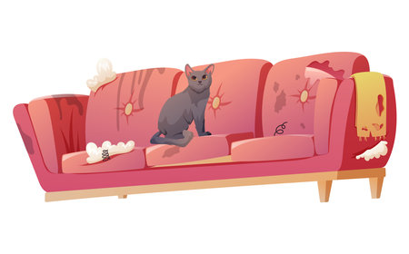 Broken, dirty home sofa, scratched by a gray cat. Pet damaged furniture for living room interior. vector cartoon illustration.のイラスト素材