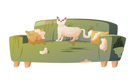 Broken, dirty home sofa, scratched by a white cat. Pet damaged furniture for living room interior. vector cartoon illustration.のイラスト素材
