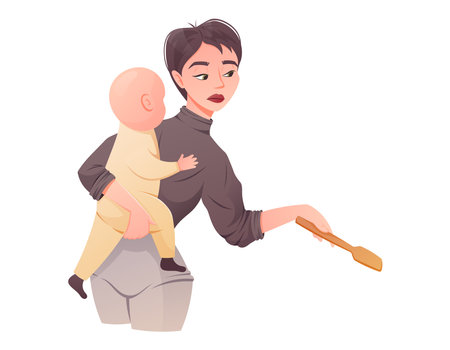 Young tired woman mother holding baby in her arms while cooking. Difficulties of motherhood, vector cartoon illustration.のイラスト素材