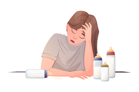 Tired woman holding her head. Young exhausted mother with baby milk bottles. Vector cartoon illustration.のイラスト素材