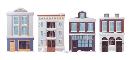 Set of modern multi storey buildings. Collection of vector classic winter houses with snow drifts, city architecture, exterior.のイラスト素材