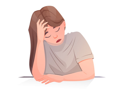 Tired exhausted woman holding her head. Vector isolated cartoon illustration.のイラスト素材