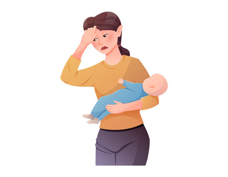 Tired mother holding a sleeping baby in her arms. A woman experiencing difficulties of motherhood or postpartum depression. Vector cartoon illustration.のイラスト素材