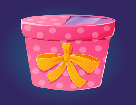 Pink spotted gift box with lid and bow. Vector cartoon illustration of a present for Valentine's day or other holiday.のイラスト素材