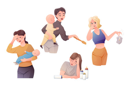 Difficulties of motherhood and postpartum depression. Tired women mothers with babies in their arms. Doing household chores with newborns. Set of vector illustrations.のイラスト素材