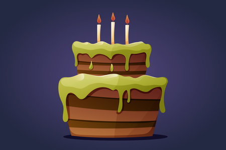 Delicious sweet sponge chocolate cake with green icing cream and candles. Vector isolated cartoon illustration.のイラスト素材