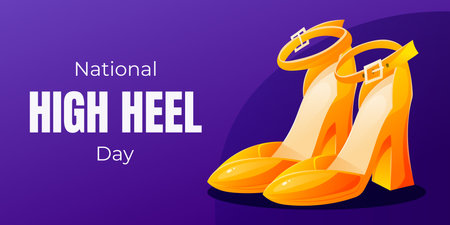 National High Heels Day. Vector cartoon horizontal holiday banner with fashionable women's shoes or sandals.のイラスト素材