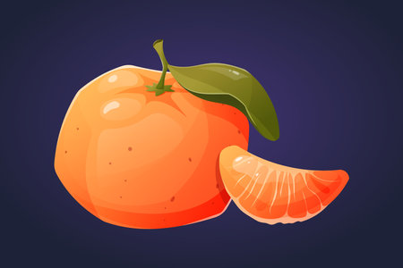 Ripe juicy whole tangerine or orange, and a slice. Vector artoon fruit citrus illustration.のイラスト素材