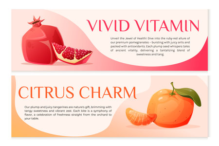Set of two vector horizontal advertising banners with text and title. Cartoon pomegranate and tangerine. Design of fruity bright product packaging.のイラスト素材