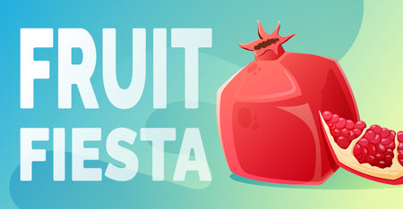 Vector cartoon summer banner. Ripe bright pomegranate and text Fruit Fiesta.のイラスト素材