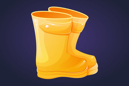Funny autumn yellow childrens rubber boots. Vector isolated cartoon shoe illustration.のイラスト素材