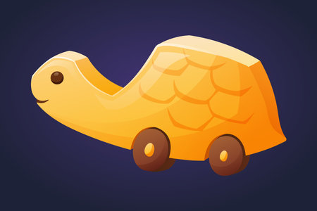 Cute baby toy for toddlers, wooden yellow turtle on wheels. Vector isolated cartoon illustration.のイラスト素材