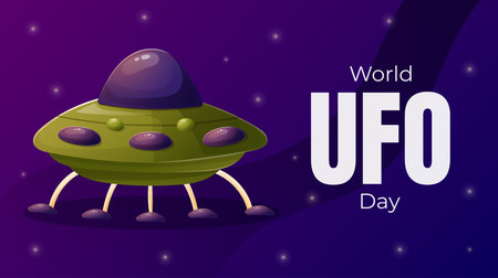 World UFO Day. Vector cartoon holiday banner with cartoon illustration of a flying saucer in space.のイラスト素材