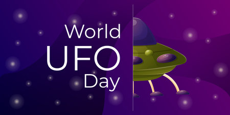 World UFO Day. Vector cartoon holiday banner with cartoon illustration of a flying saucer in space.のイラスト素材