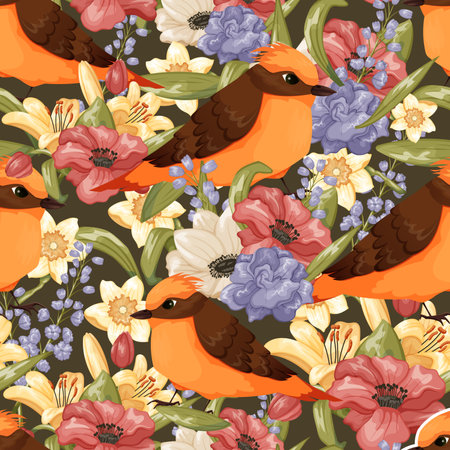 Orange tropical bird and bouquets of bright flowers and leaves, floral arrangements. Vector seamless floral pattern.のイラスト素材