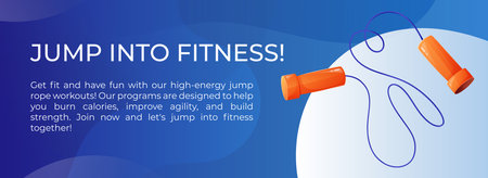 Horizontal vector sports banner. Brochure with a cartoon illustration of a jump rope and the title Jump into Fitness.のイラスト素材