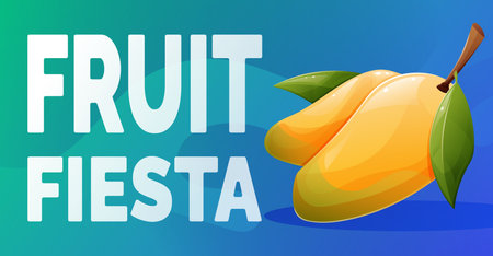 Vector cartoon horizontal summer banner. Two ripe bright yellow mango, text Fruit Fiesta.のイラスト素材