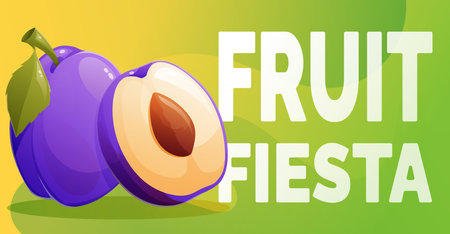 Vector cartoon horizontal summer banner. Ripe purple plum, text Fruit Fiesta.のイラスト素材