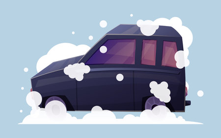 Black funny passenger car hatchback with foam and soap bubbles, vehicle wash. Vector cartoon illustration.のイラスト素材
