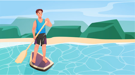 Beautiful young man in a swimsuit riding a stand-up paddle board on the sea coast. Summer water sports activities. Vector cartoon illustration.のイラスト素材