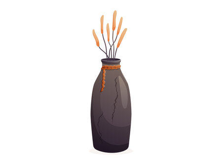 Vector isolated cartoon illustration of a clay decorative vase with dried flowers.のイラスト素材