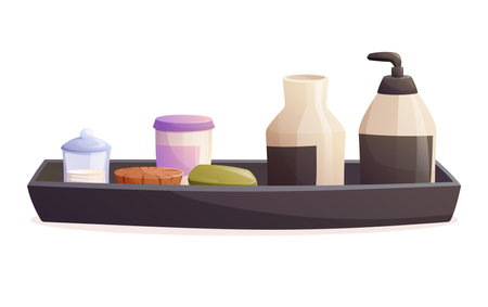 Tray or stand with beauty products, jars of shampoo or soap. Vector isolated cartoon illustration. Organization in the bathroom.のイラスト素材