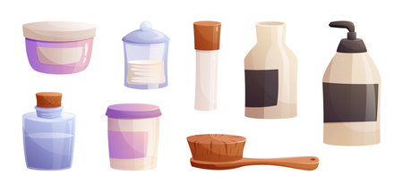A collection of jars and bottles with soap, shampoo and other beauty and hygiene products. Set of vector isolated cartoon illustrations.のイラスト素材