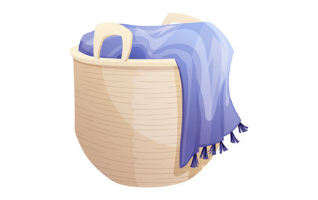Wicker decorative white basket with a blue blanket or towel inside. Vector isolated cartoon illustration.のイラスト素材