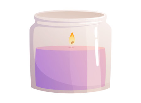 Decorative interior aromatic wax candle with flame in glass jar. Vector isolated cartoon illustration.のイラスト素材