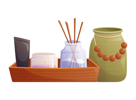 Decorative wooden tray with aroma diffuser, candle and tube of cream, vase or jug. Vector isolated cartoon illustration, bathroom decor interior.のイラスト素材