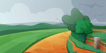Rainy landscape. Vector illustration of rainy nature in the park. Puddles on a walking road against the backdrop of green grass in a clearing among trees. Summer rain. Fields and meadows.のイラスト素材